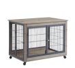 Furniture Style Dog Crate Side Table on Wheels with Double Doors and Lift Top.