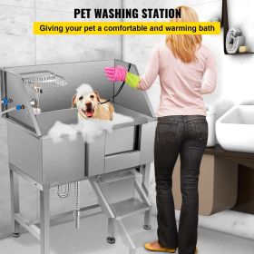 VEVOR Dog Grooming Tub, Professional Stainless Steel Pet Dog Bath Tub, with Steps Faucet & Accessories Dog Washing Station (Left and Right Door Opening: Right, Product Size: 34.2"L x 18.4"W x 43.3"H/ 86.8 x 46.7 x 110.4 cm)