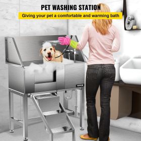 VEVOR Dog Grooming Tub, Professional Stainless Steel Pet Dog Bath Tub, with Steps Faucet & Accessories Dog Washing Station (Left and Right Door Opening: Left, Product Size: 34.2"L x 18.4"W x 43.3"H/ 86.8 x 46.7 x 110.4 cm)