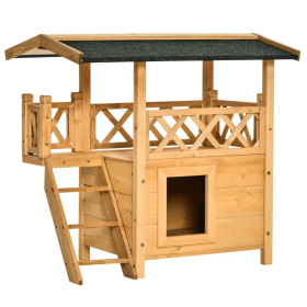 Indoor/Outdoor Cat House 2-Story Wooden Kitten Condo With Balcony Roof (Color: Wood Color, size: 30"x20"x29")