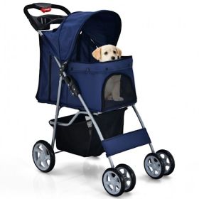 Simple Desight Foldable 4-Wheel Pet Stroller With Storage Basket (Color: navy, Type: Pets)